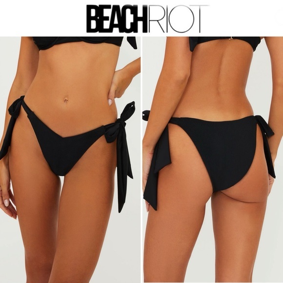 Beach Riot Philippa Side Tie Rib Classic Black Tie Bikini Bottoms Sz L Nwt 98$